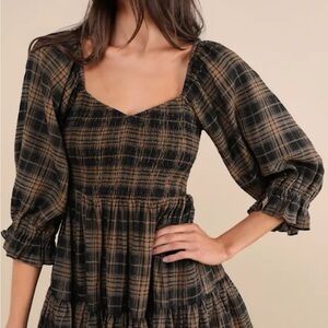 Lulu's No One Cuter Black & Tan Plaid Puff Sleeve Tiered Mini Dress | Size XL
